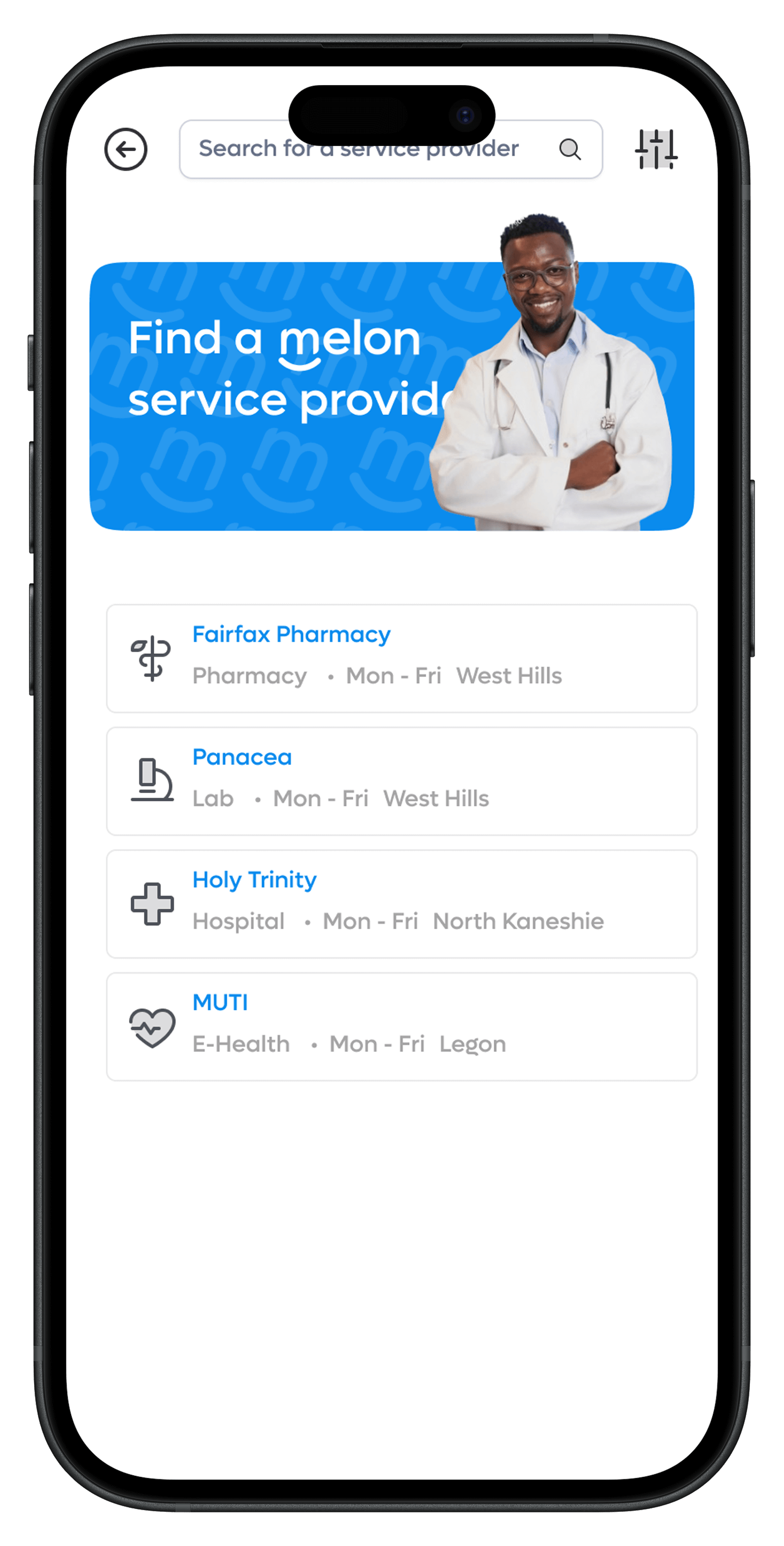 Melon app showing service provider search