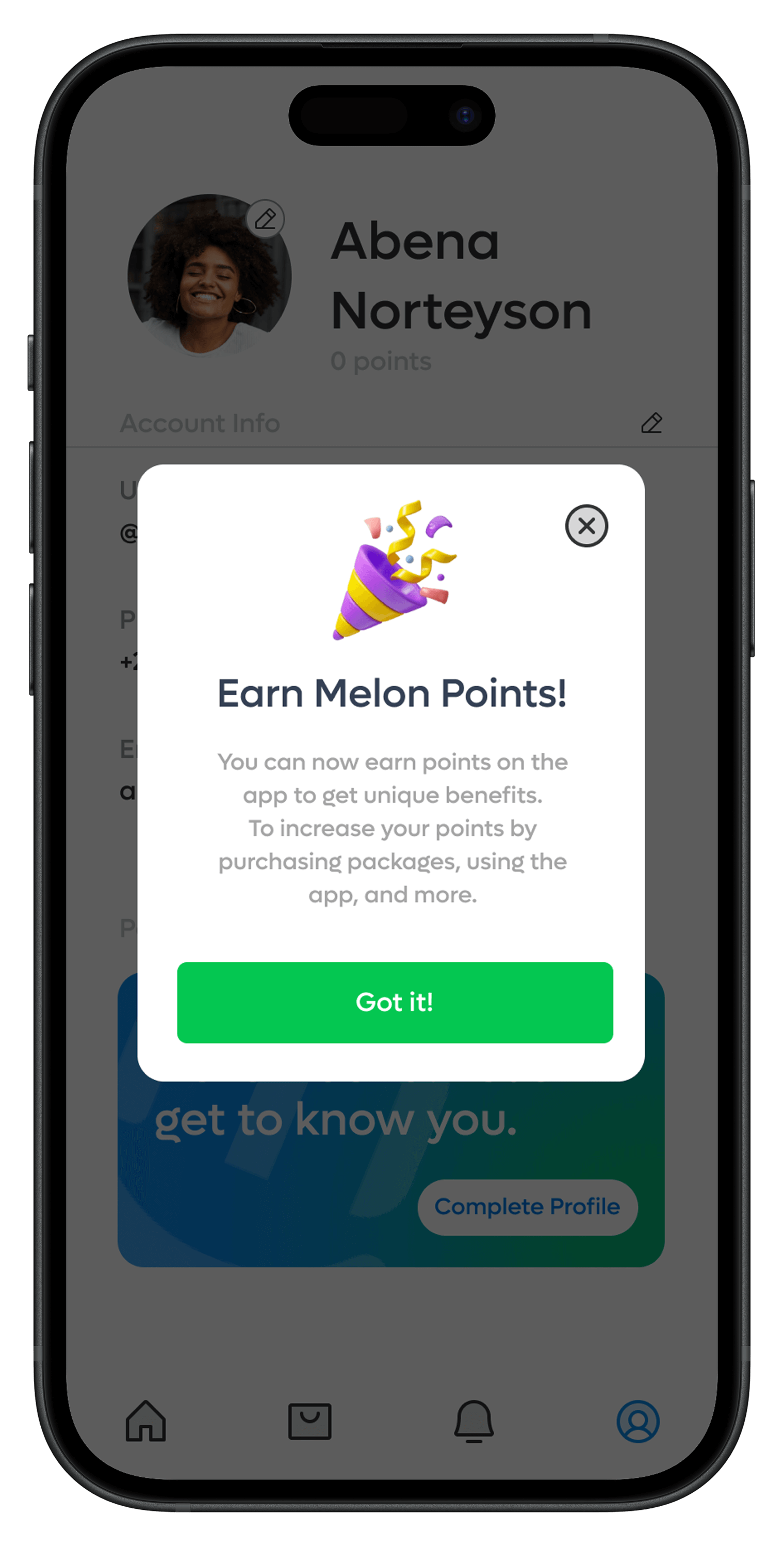 Melon app showing points modal