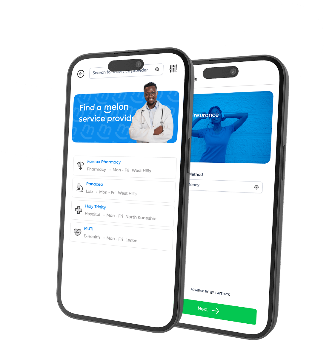 Melon app interface showing service providers and features