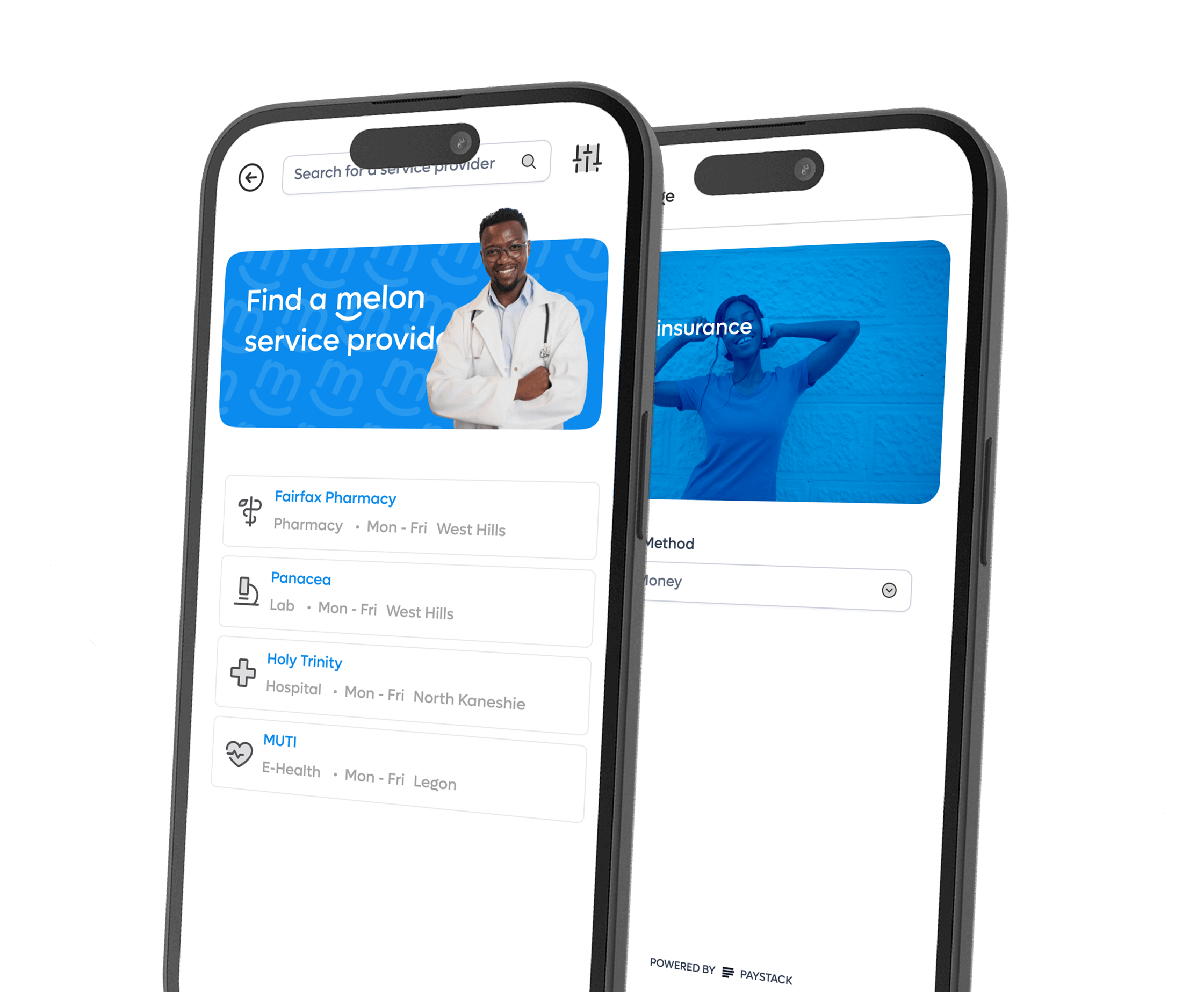 Melon app interface showing service providers and features