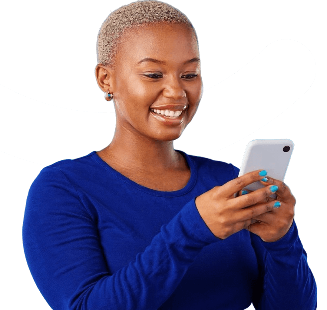 Smiling woman with phone using Melon health insurance app